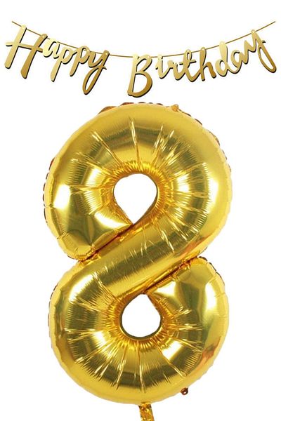 ELGALA Happy Birthday Written Pennant and 8 Numbers Foil Balloon