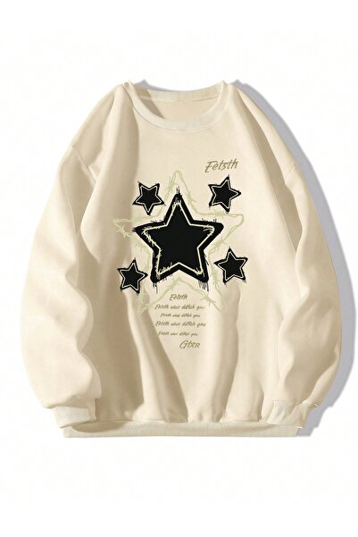Tarzsokak Sloganlı & Yıldız Desenli Sweat Bej