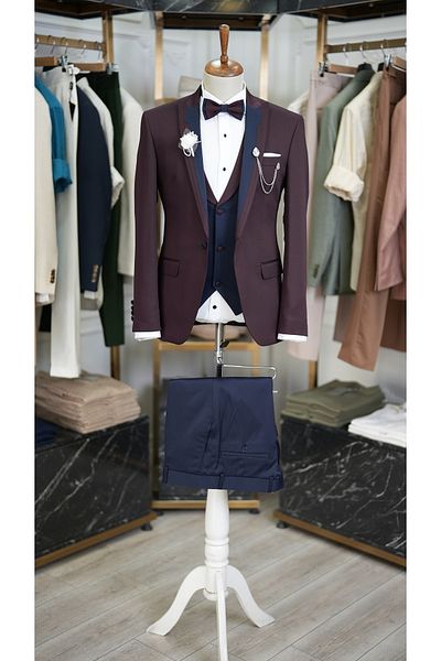 LONATOLİA Men's Tuxedo Groom Suit Italian Cut Slim Fit Jacket Vest Trousers-Burgundy