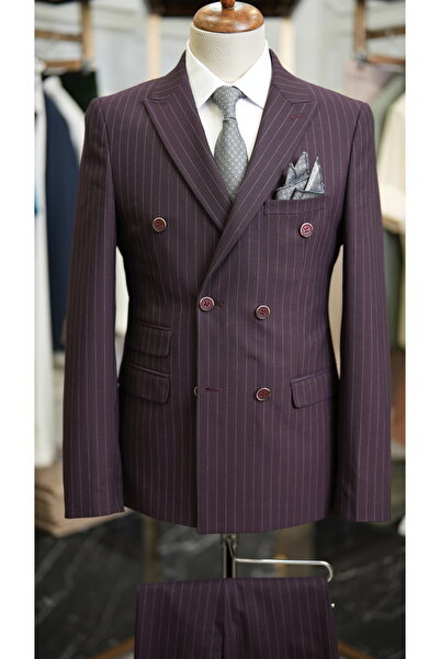 LONATOLİA Erkek Kruvaze Çizgili Takım Elbise İtalyan Kesim Slim Fit Ceket Pantolon-Bordo