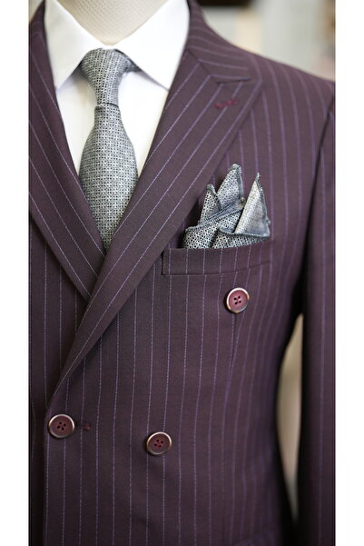 LONATOLİA Erkek Kruvaze Çizgili Takım Elbise İtalyan Kesim Slim Fit Ceket Pantolon-Bordo