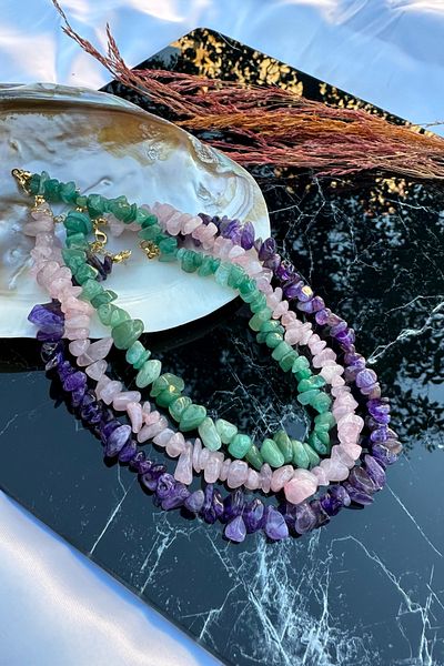 EST Aksesuar Natural Stone Necklace Set 3-Piece Combination (Amethyst, Pink Quartz, Aventurine)