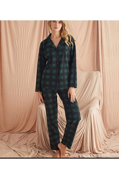 Pijamoni PAJAMONI PLAID PRINTED SUEDE BUTTON FRONT LONG SLEEVE WOMEN'S PAJAMA SET 5660 - GREEN