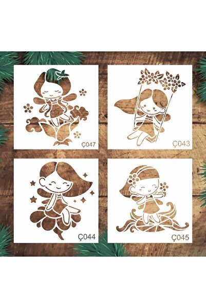 STENCİLTASARIM Stencil Tasarım 15x15 cm, 4 lü şablon No:6 - Dekoratif Duvar, ...