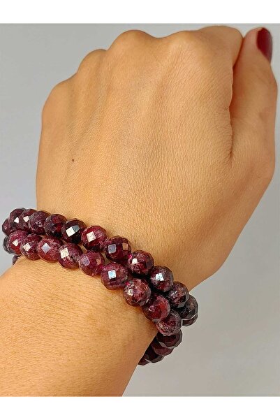 Yasamtohumu Crveni (granat) kamen, fasetirana kroj 8mm unisex dupla narukvica