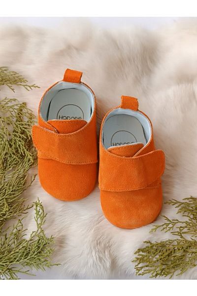 Hodore Peach Colored Genuine Leather Velcro Baby Shoes