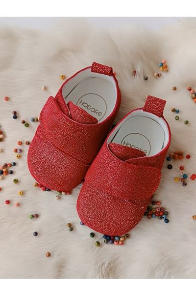 Hodore Glittery Red Genuine Leather Velcro Baby Shoes