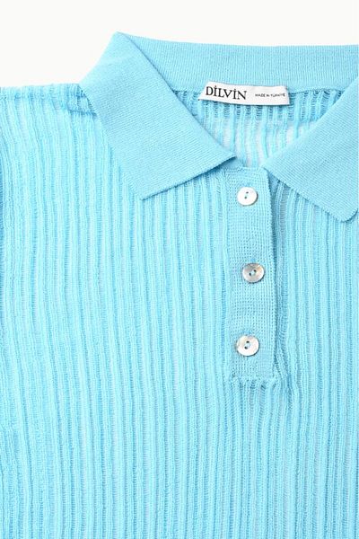 Dilvin 10376 Polo Neck Buttoned Short Sleeve Sweater-Turquoise