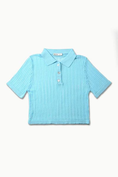 Dilvin 10376 Polo Neck Buttoned Short Sleeve Sweater-Turquoise