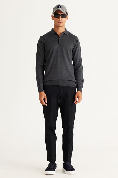 ALTINYILDIZ CLASSICS Men's Anthracite-Melange Wool Standard Fit Regular Cut Polo Neck Knitwear Sweater