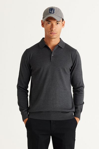 ALTINYILDIZ CLASSICS Men's Anthracite-Melange Wool Standard Fit Regular Cut Polo Neck Knitwear Sweater