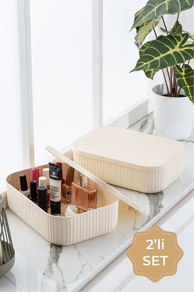 Vienev 2-Piece Line Storage Box with Lid 3.2 Liters Beige