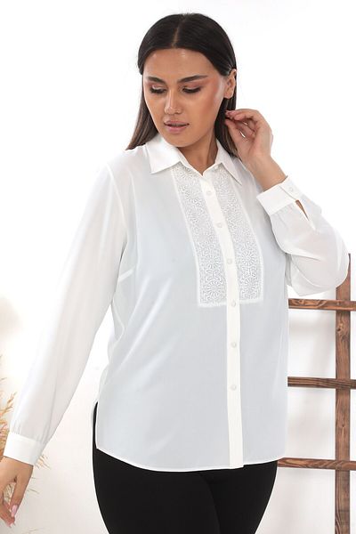 Selent Women's Guipure Detailed Pearl Buttoned Long Sleeve Large Size White Shirt
