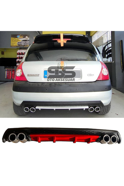 Furens Renault Clio 2 HB Difüzör Arka Tampon Eki 4 Egzoz Çıkışlı Kırmızı Lüx Tip