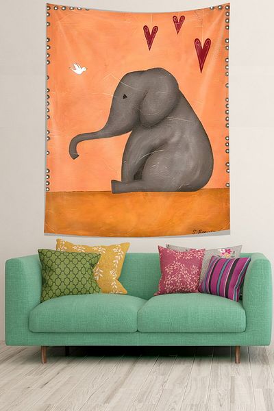 Pelangi Elephant And Bird Stain Resistant Fabric Wall Cover Wall Carpet Tapestry
