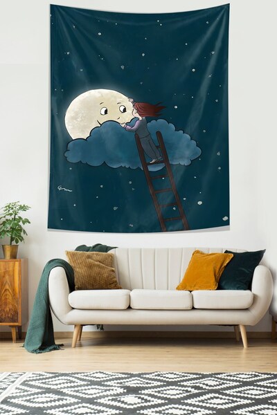 Pelangi Night Sky and Girl in the Moon Stain Resistant Fabric Wall Cloth Wall...