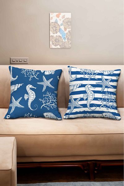 Şah Dekor Summer Themed Sea Horse and Starfish Patterned White Blue Colored 2-Piece Digital Printed Throw Pillow Cover