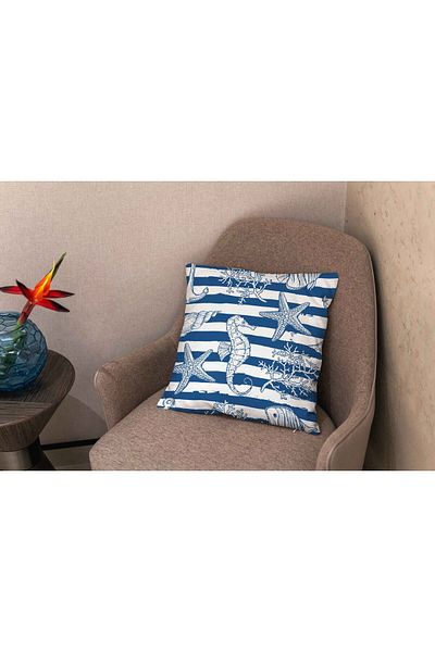 Şah Dekor Summer Themed Sea Horse and Starfish Patterned White Blue Colored 2-Piece Digital Printed Throw Pillow Cover