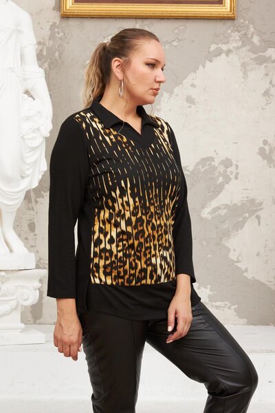 Genel Markalar Yakalı Leopar Desenli Büyük Büyük Beden Siyah Örme Bluz