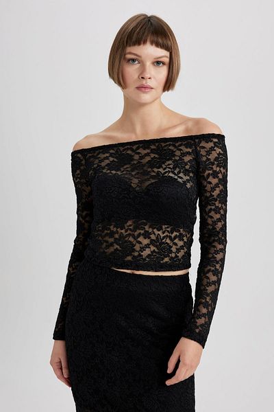 DeFacto Slim Fit Slim Fit Off-Shoulder Lace Long Sleeve Black Blouse B6647Ax23Wn
