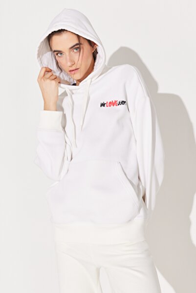 WRANGLER Oversize Fit Wide Cut Hooded Fleece Inside Back Printed Off White Sweatshirt