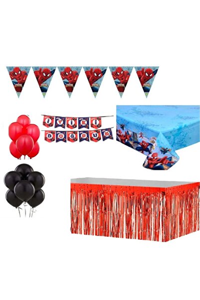 Dizayn Parti Evi Spiderman Örümcek Adam DoğumGünü Seti Masa Örtüsü Masa Etegi Flama Banner ve Balon