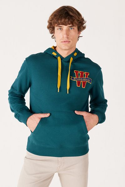 WRANGLER Regular Fit Regular Cut Hooded Raised Dark Green Sweatshirt