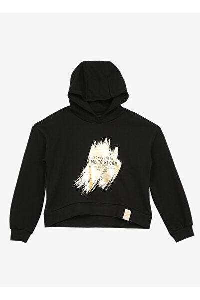 Caterpillar Siyah Kız Çocuk Bisiklet Yaka Crop Baskılı Sweatshirt C3WG-SWT14