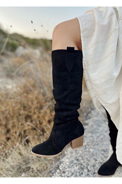 POLKA STORE Desert Long Below the Knee Western Suede Μαύρες γυναικείες καουμπόικες μπότες