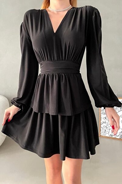 lovebox Kadın Esnek Sandy Kumaş Katlı Tasarım V Yaka Uzun Kollu Siyah Mini Ab...