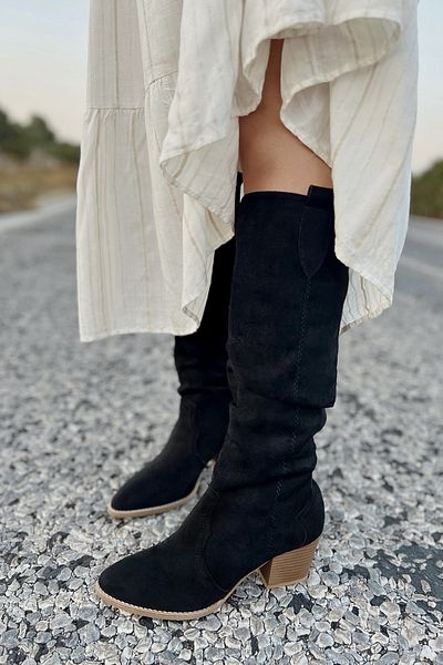 POLKA STORE Desert Long Below the Knee Western Suede Μαύρες γυναικείες καουμπόικες μπότες