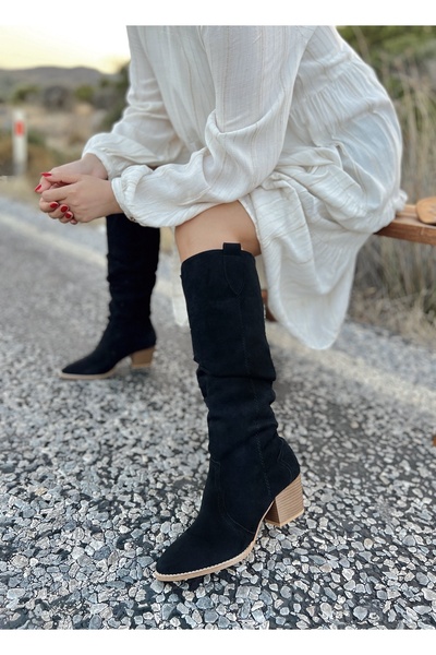 POLKA STORE Desert Long Below the Knee Western Suede Μαύρες γυναικείες καουμπόικες μπότες