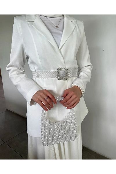 BEYBACO Jachetă special concepută de in, cu centură de perle - albă