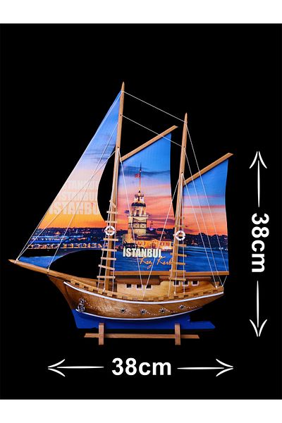 AYHAN KOTRA Istanbul Maiden's Tower Printed Cloth Sailboat, Wooden Model Ship Model Home, Office Gift and Accessory