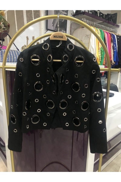 Melissa Kadın Siyah Süet Halka Detaylı Ceket