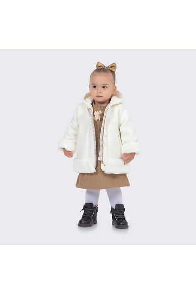 Babyhola Baby Girl Cotton Lined Hooded Fur Detailed Stamp Coat Winter 13494