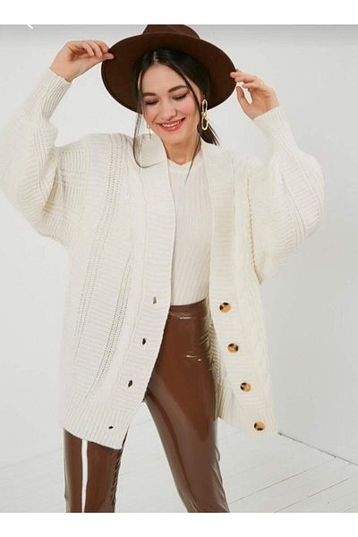 Nazende Stil Ecru gestrickter, gemusterter Freizeit-Cardigan für Damen in Weiß