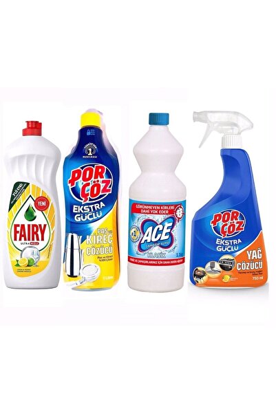 ACE 4' Lü Paket Bulaşık Deterjanı 1l+Çamaşır Suyu 1l+Porçöz Pas Çözücü 1l+Porçöz Yağ Çözücü 750 Ml