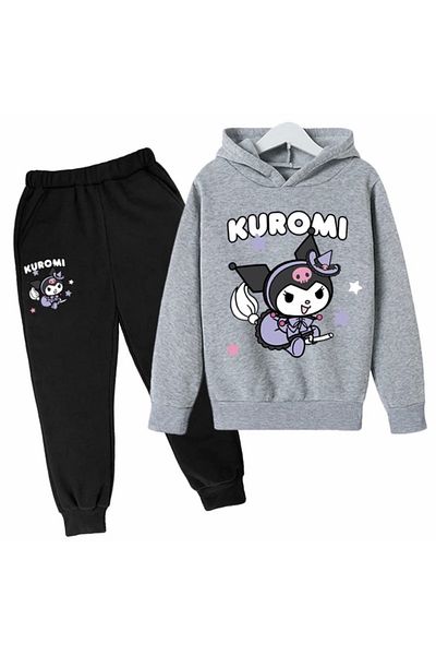 KİDS FACE CUSTOM DESIGN HOODED KUROMİ PRINTED 100% COTTON 3 YARN WINTER GIRL'S Tracksuit SET