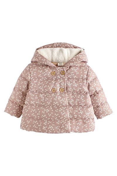 Next Baby Pink Flower Patterned Fleece Lined Waterproof Hooded Jacket