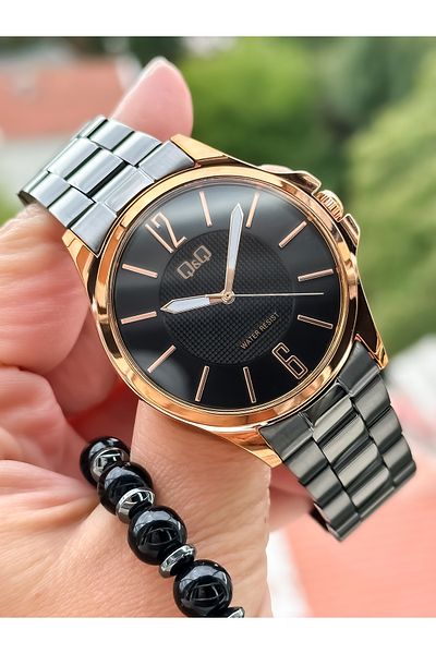 Q&Q Brand Black Color, Steel Strap, Waterproof, Thin Case Men's Wristwatch + bracelet