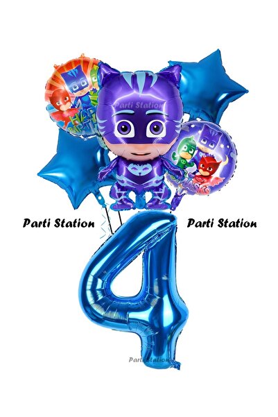 Parti Station Kedi Çocuk 4 Yaş Doğum Günü Parti Balon Set Pijamaskeliler Kedi Çocuk Tema Parti Balon Set