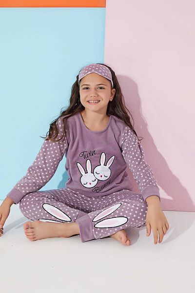 Tarık Girl Lilac Teenager And Child Rabbit Patterned Long Sleeve Fleece Plush Pajama Set