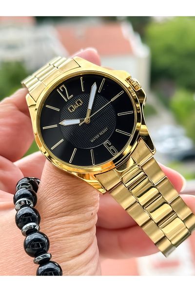 Q&Q Brand Gold Yellow Steel Strap, Waterproof, Thin Case Men's Wristwatch + bracelet