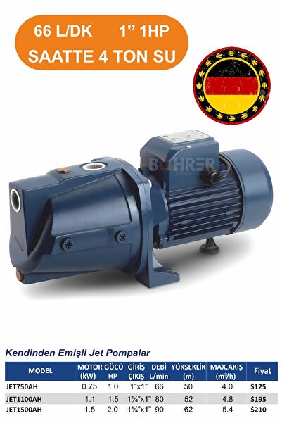 BÖHRER Elektrikli JET750AH Jet Tipi 0.75 kW 1 Hp Su Aktarma Basınç , Bahçe Sulama Kuyu Çekme Pompası
