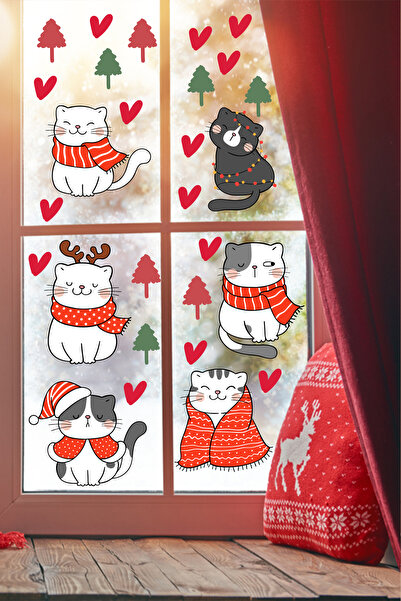 Echo Home Christmas Cute Cats New Year Cats Glass Door Wall Sticker Set, Chri...