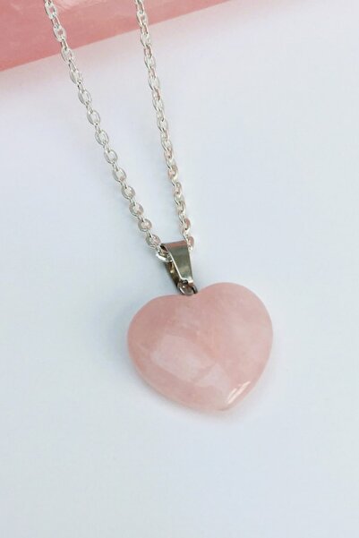 Mıçı Pink Quartz Natural Stone Heart Pendant Women's Necklace