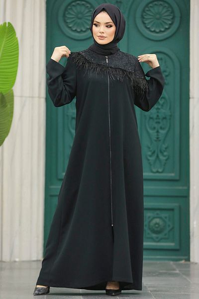 Neva Style - Hijab negru cu pene Ferace 10103s