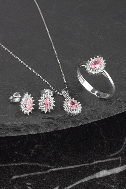 byess 925 Ayar Gümüş Pembe Zirkon Taşlı Damla Set