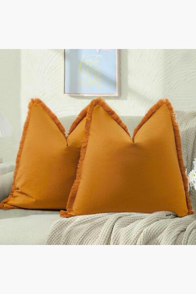 Bc Home 2'li Püsküllü Hardal Lux Kare Dekoratif Kırlent Kılıfı 43 x 43 cm Isk...